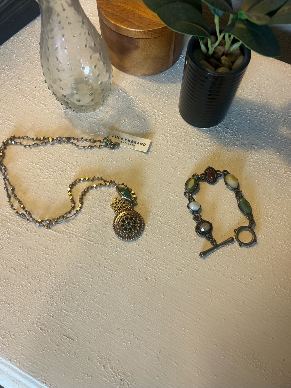 Lucky Brand Green and Gold Pendant Necklace and bracelet